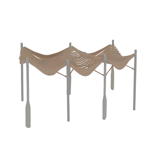 3D model of a modern wavy pergola canopy with layered texture, supported by four vertical pillars.