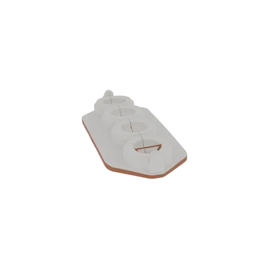 Modèle 3D de moule à donuts blanc avec quatre cavités circulaires et une base marron, sur fond blanc.