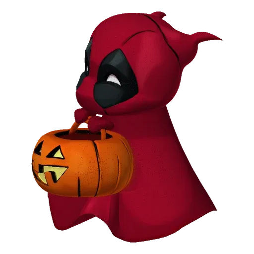 A 3D render of a chibi Deadpool character in his red and black suit, holding an orange jack-o'-lantern pumpkin bucket for Hal