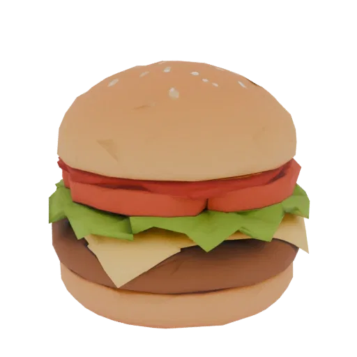 A stylized low-poly 3D model of a hamburger with visible layers of bun, lettuce, tomato, cheese, and patty, presented on a white background.