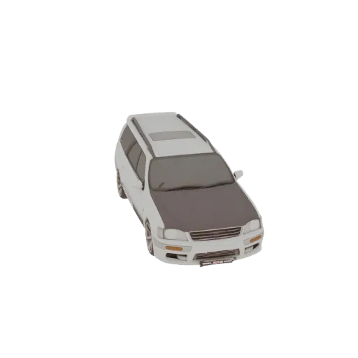 A 3D render of a white station wagon with a dark hood, viewed from a slightly elevated front-right angle.