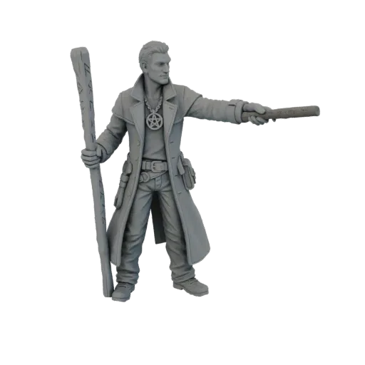 3D-Modell eines modernen Zauberers mit Trenchcoat, der einen Stab und einen Zauberstab hält und eine Pentagramm-Halskette trä