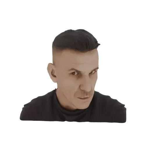 3D model render of a man with short, dark hair, a strong jawline, and an intense, direct gaze, wearing a black t-shirt.