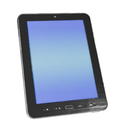 Compact Tablet Phone 3D model, three-quarter front view, AR viewer studio render, showing glass screens, form detail.