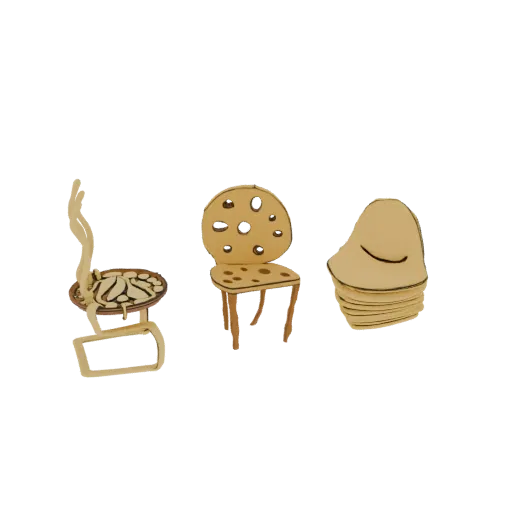 3D model of a whimsical cookie-patterned chair and a miniature grill with steam, rendered in a light wood texture.