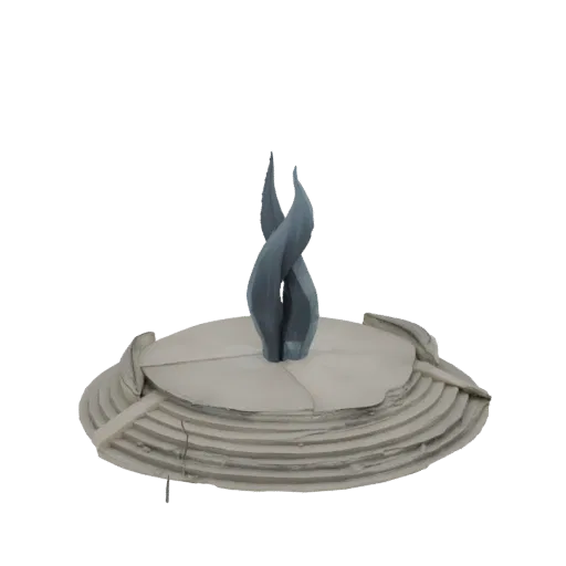 3D render of a grey abstract flame sculpture on a cracked, white tiered pedestal against a black background.