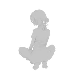 3D-Modell eines Anime-Mädchens in hockender Pose, von hinten gesehen, mit zur Seite gedrehtem Kopf.