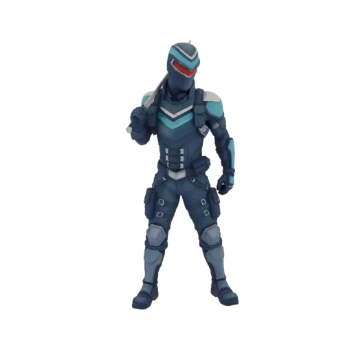 3D model of a futuristic soldier in a dark blue tactical suit, holding a sword over their shoulder, with a red visor on their helmet.