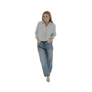 Modèle 3D d'une jeune femme aux cheveux blonds, portant une chemise bleu clair boutonnée et un jean bleu, debout mains dans l