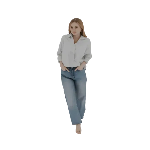 3D-Modell einer jungen Frau mit blonden Haaren, in einem hellblauen Hemd und blauen Jeans, stehend mit den Händen in den Tasc