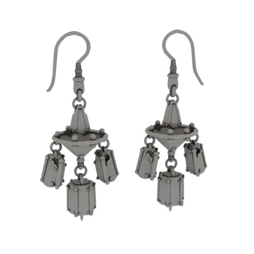 Chandelier Drop Earrings scene ready 3D model, top-down studio render, showing earring silhouette and surface contrast.