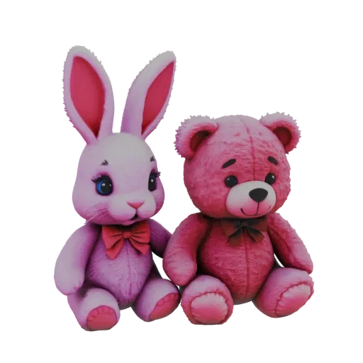 A 3D render of a pink plush bunny and a pink plush teddy bear sitting together, both wearing bowties.