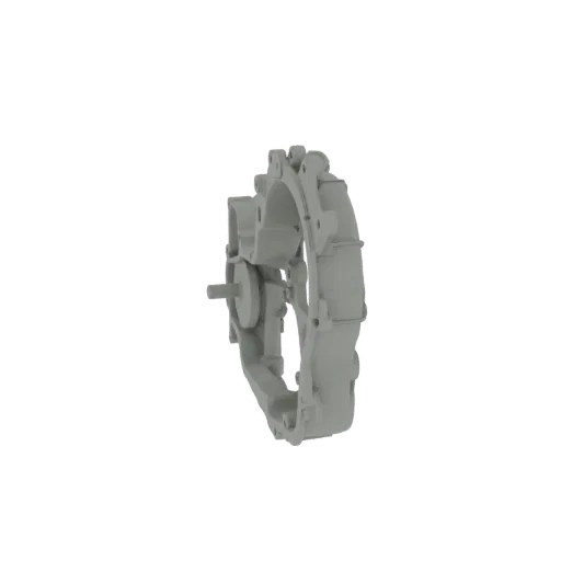 3D model of a grey industrial gearbox housing with intricate mechanical details and a central shaft.