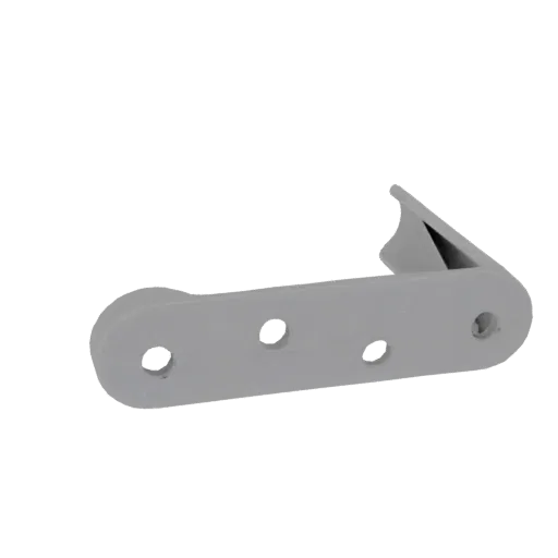 3D render of a light gray L-shaped bracket with three circular holes, viewed from a slight angle.