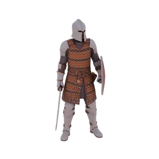 Modello 3D di un cavaliere medievale in armatura completa, che tiene una spada e uno scudo, su sfondo bianco.
