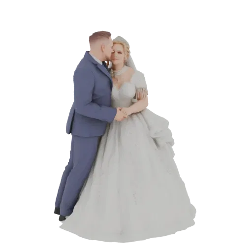 3D model of a bride in a white gown and a groom in a blue suit, sharing a romantic kiss.