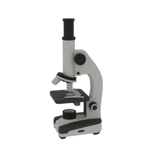 Chemistry Microscope 3D model, three-quarter front view, AR viewer studio render, showing glass, recognizable lab forms.