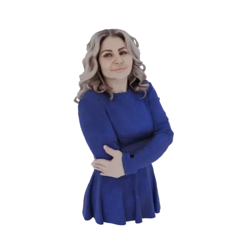 3D model of a woman with blonde hair wearing a blue dress, standing with arms crossed and a slight smile.