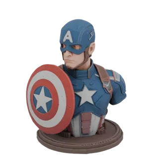 3D model of Captain America bust in blue suit with shield on shoulder, standing on a circular base