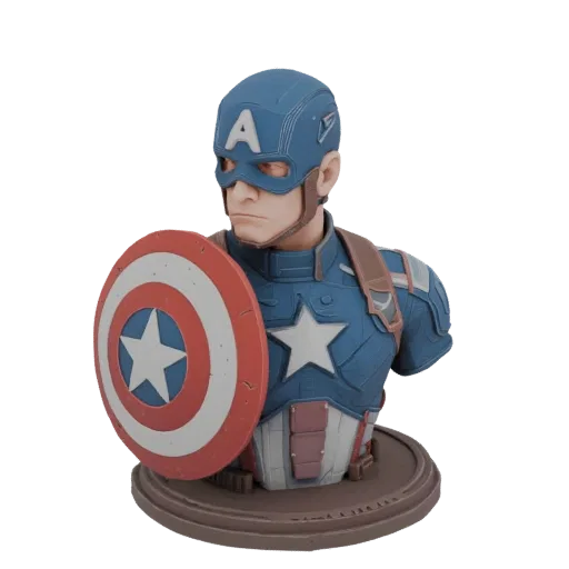 Modelo 3D del busto del Capitán América con traje azul y escudo en el hombro, sobre una base redonda