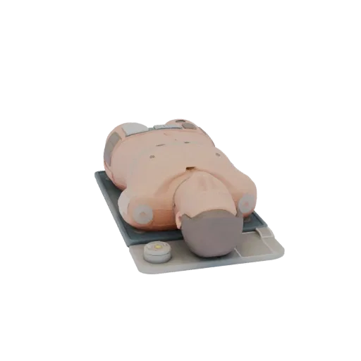 Modelo 3D imprimível de Treinador de Torso de RCP para Enfermagem, renderização isométrica STL, mostrando plásticos neutros, layout do dispositivo de treinamento.