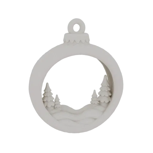 3D model of a white Christmas bauble with a winter scene inside, featuring snow-covered trees and hills.