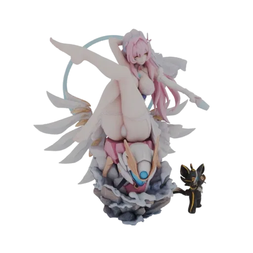3D model render of a pink-haired angelic figure with white wings, sitting on a mechanical base with a small black creature.