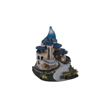 Renderização de modelo 3D de uma vila neoclássica com torres de telhado azul, varandas em arco e uma entrada sinuosa com palm