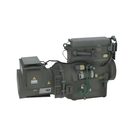 3D model of a green industrial generator unit with visible pipes and electrical components, set against a white background.