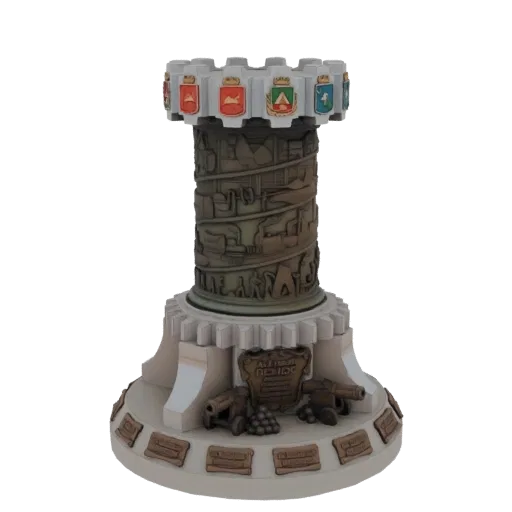3D-Modell eines historischen Turms mit kunstvollen Schnitzereien und heraldischen Wappen oben, vor schwarzem Hintergrund.