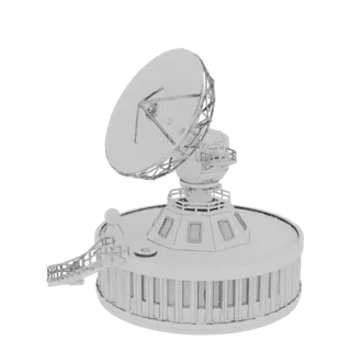 Modello 3D di una grande antenna satellitare montata su una dettagliata stazione base con passerella, presentato in stile mon