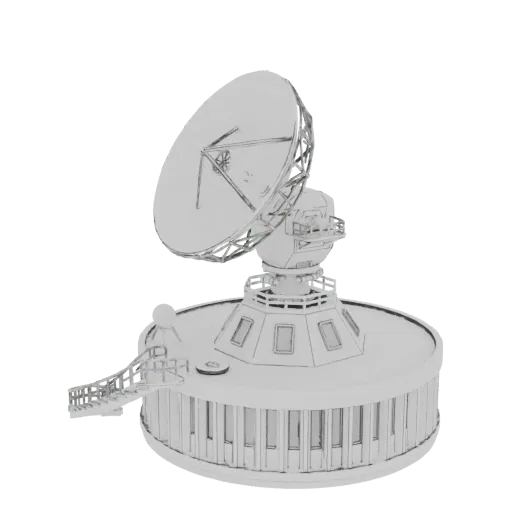 3D-Modell einer großen Satellitenschüssel auf einer detaillierten Basisstation mit Steg, in monochromem Stil präsentiert.