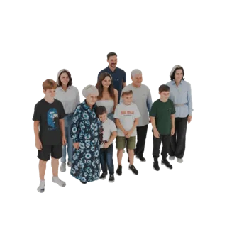 Un modelo 3D de un grupo familiar multigeneracional, incluyendo abuelos, padres e hijos, de pie juntos.