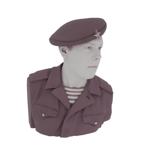 3D model render of a Soviet paratrooper bust wearing a maroon beret with a red star and a striped telnyashka shirt.