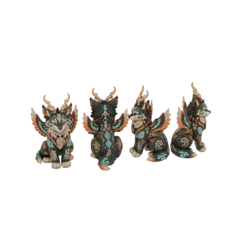 3D model of a mythical winged wolf with tribal patterns, antlers, and spread wings, shown from multiple angles.