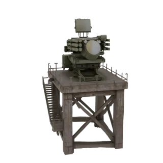 Modelo 3D de una torre de radar de hormigón con un sistema lanzamisiles, que presenta una antena de radar detallada y vainas