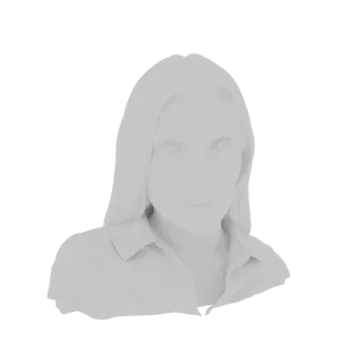 Render de modelo 3D de busto feminino vestindo camisa de colarinho, apresentado em material cinza claro.