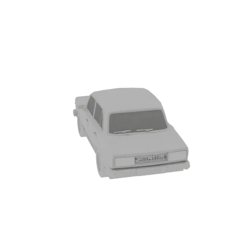 A 3D model of a classic sedan, viewed from a slightly elevated angle, rendered in a neutral gray tone against a black backgro