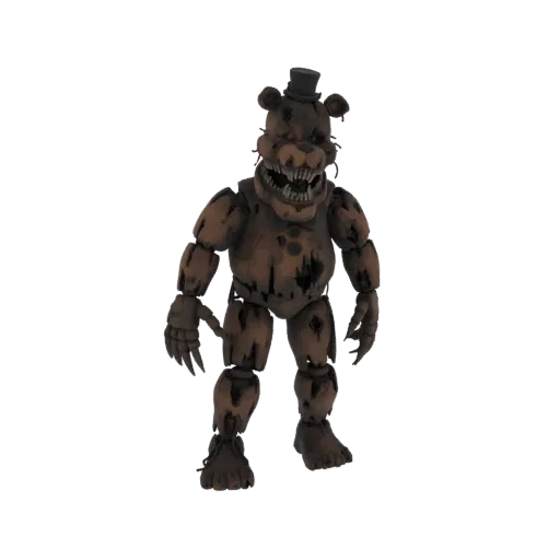 3D model of Nightmare Freddy Fazbear, a tattered, menacing bear with sharp teeth and a top hat, against a black background.