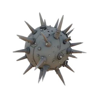 Modelo 3D de erizo antitanque mecanizado con púas afiladas y detalles mecánicos visibles, sobre fondo blanco