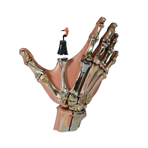 Modello 3D stilizzato Ossa Mano Articolata, rendering isometrico stilizzato, che mostra superfici ossee, punti di riferimento