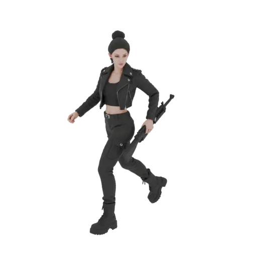 Modelo 3D de chica «Señora de la Ciudad Nocturna» con chaqueta de cuero negra, pantalones, sosteniendo un rifle, sobre fondo