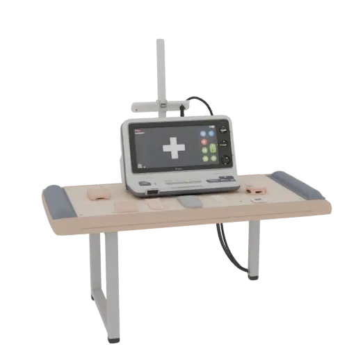 Modèle 3D du Moniteur de Premiers Secours, vue de profil, rendu de fenêtre technique, montrant le détail des matériaux et l'é