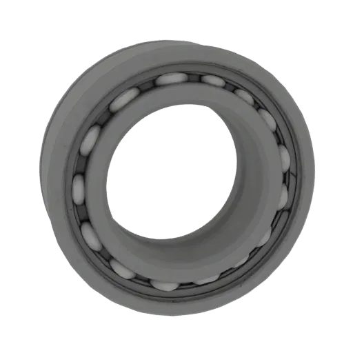 Modelo 3D de rodamiento de bolas con bolas internas visibles, en color gris.