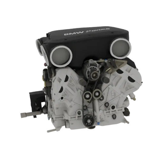 A detailed 3D model of a BMW S65 V8 engine, showcasing its V8 configuration and intricate mechanical components.
