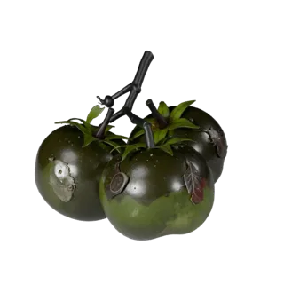 Modelo 3D estilizado de Cacho de Tomate Orgânico, renderização isométrica estilizada, mostrando veias das folhas, silhuetas c
