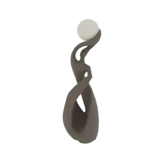 3D-Modell-Rendering einer dunkelgrauen abstrakten Skulptur einer fließenden Figur, die eine weiße Kugel hält.