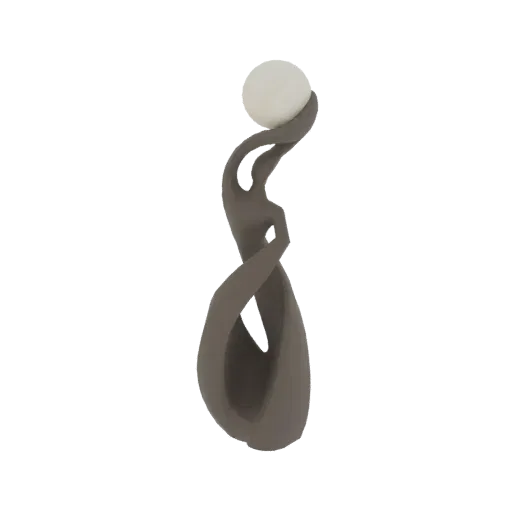3D model render of a dark gray abstract sculpture of a flowing figure holding a white orb.