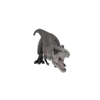 A grey Tyrannosaurus Rex 3D model with its mouth open in a roar, showcasing sharp teeth and a powerful stance.