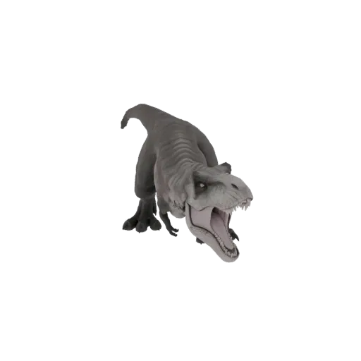 Un modello 3D di Tyrannosaurus Rex grigio con la bocca aperta in un ruggito, che mostra denti aguzzi e una posa potente.